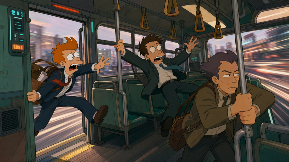 A bus accelerating faster and faster while passengers struggle to keep their balance